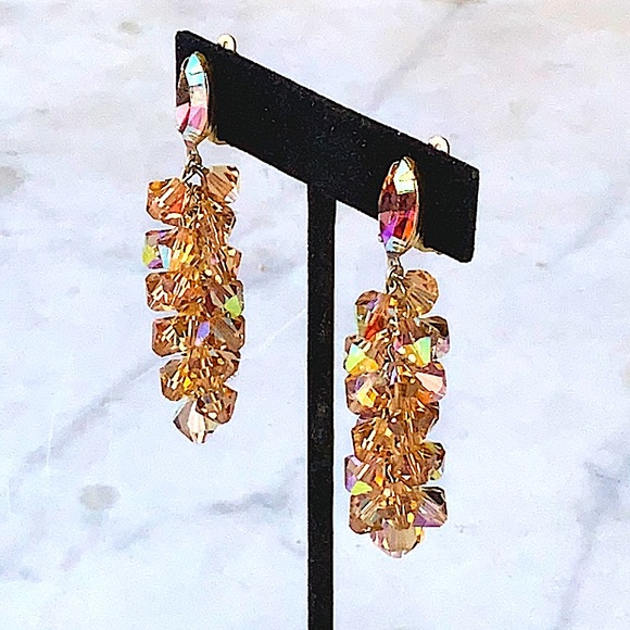 LEWIS SEGAL OF CALIFORNIA EARRINGS CLIP DANGLE GOLD AURORA BOREALIS VINTAGE - Picture 3 of 11